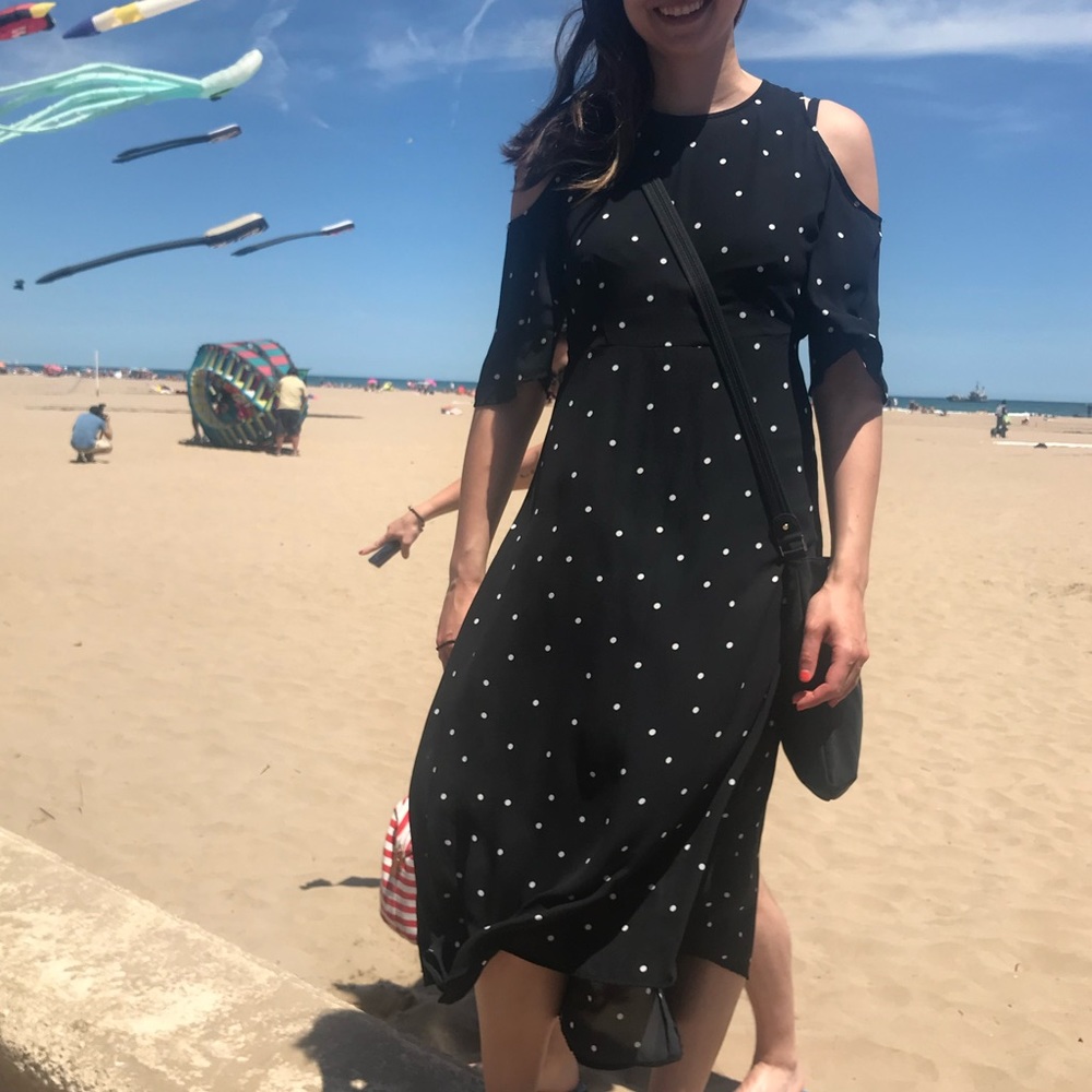 Polka dot, cold shoulder dress